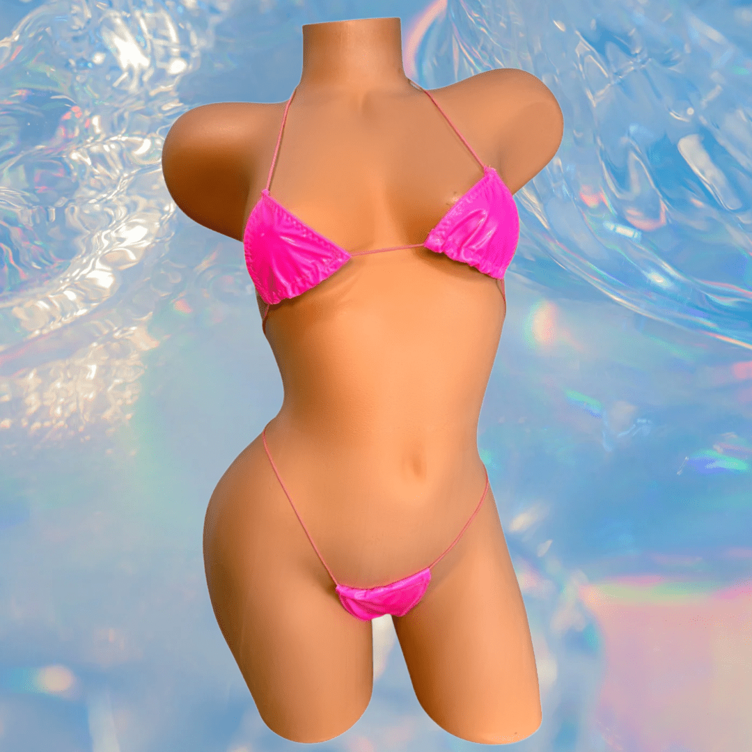 Latex Wet Look Vinyl Microkini Set - Barbie Pink - GrlFriday Shop