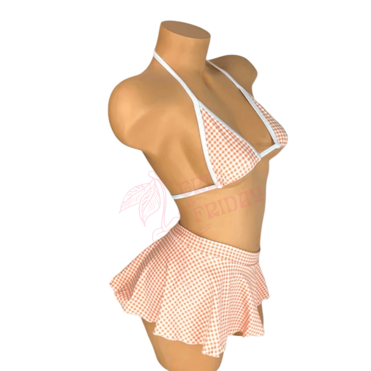 Micro String Bikini Skirt Set - Orange + White Gingham - GrlFriday Shop