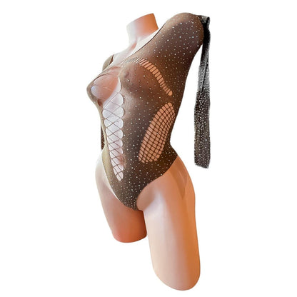 Mocha Rhinestoned Fishnet Bodysuit - GrlFriday Shop