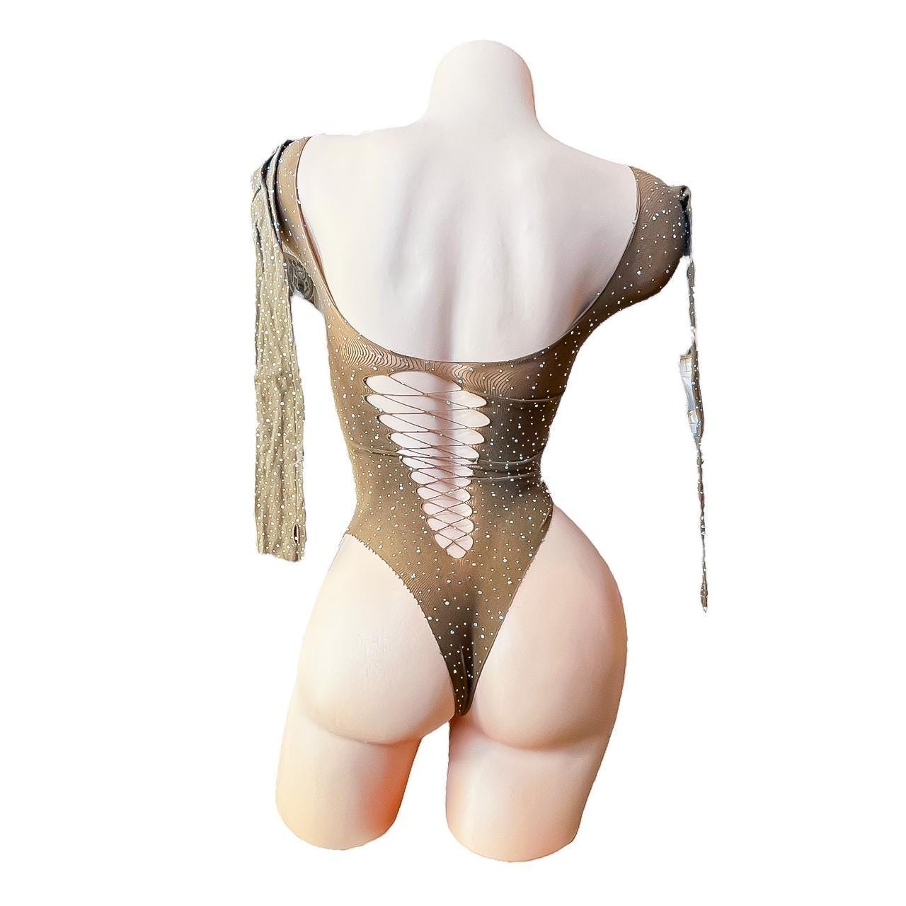 Mocha Rhinestoned Fishnet Bodysuit - GrlFriday Shop