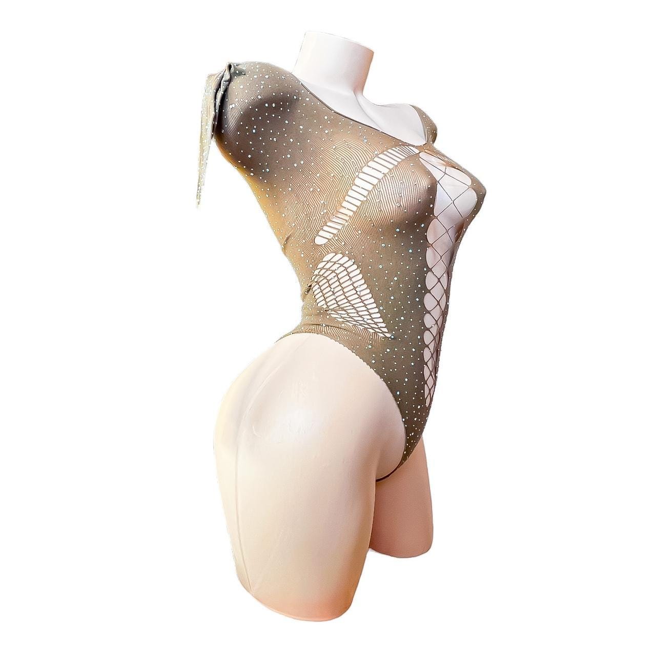 Mocha Rhinestoned Fishnet Bodysuit - GrlFriday Shop