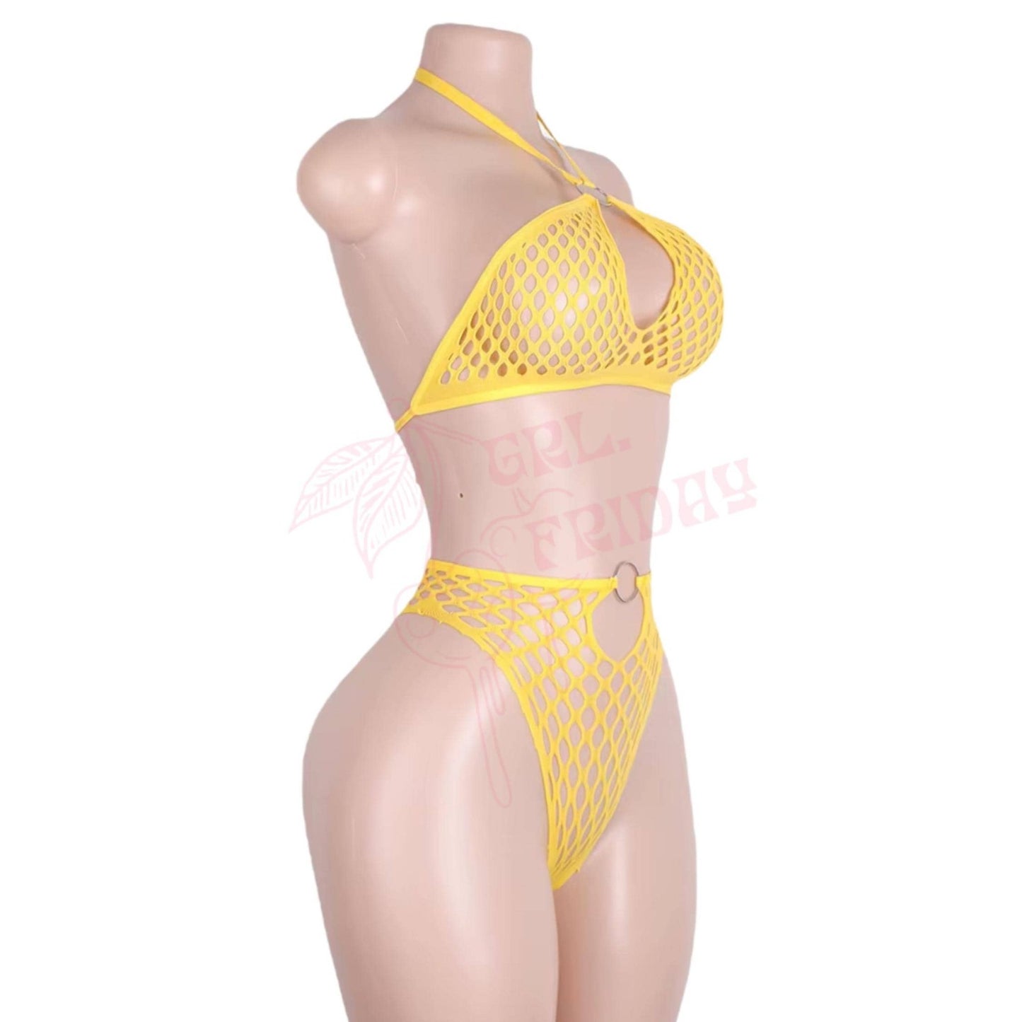 Mustard Yellow Mesh Halter Bikini Set with O - Rings - GrlFriday Shop