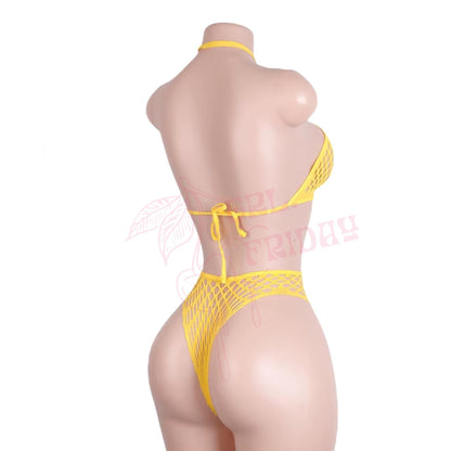 Mustard Yellow Mesh Halter Bikini Set with O - Rings - GrlFriday Shop