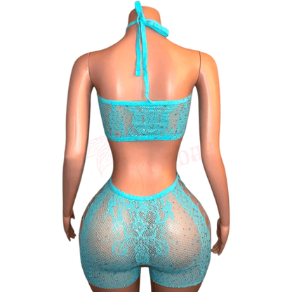 Ocean Blue Mesh Rhinestoned Halter Tie O - Ring Shorts Bodystocking - GrlFriday Shop