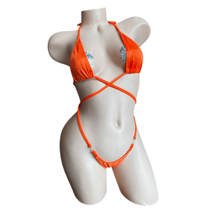 Orange G String Thong Bikini Set with Clear Plastic Quick Removal Clasps - Microkini - GrlFriday Shop