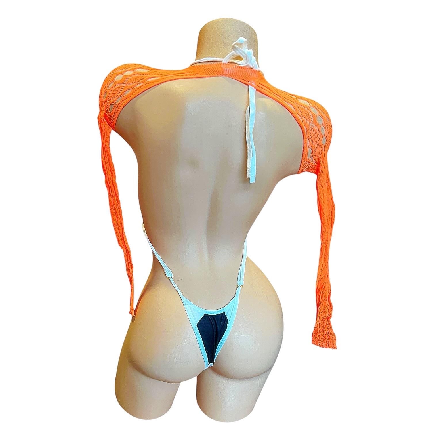 Orange Lace Sheer Mesh Fishnet Mini Tube Dress with Long Sleeve Shrug - EXOTIC DANCEWEAR - GrlFriday Shop