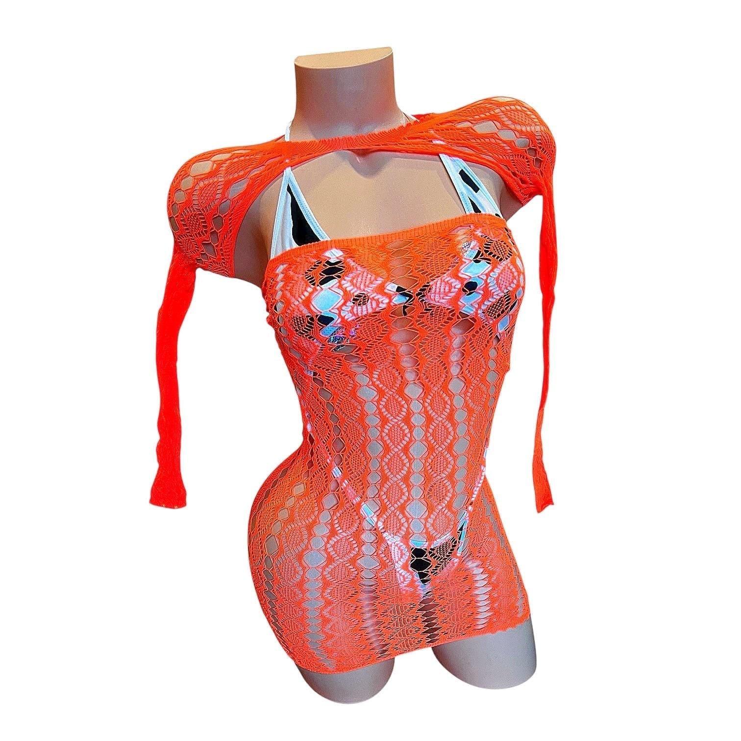 Orange Lace Sheer Mesh Fishnet Mini Tube Dress with Long Sleeve Shrug - EXOTIC DANCEWEAR - GrlFriday Shop