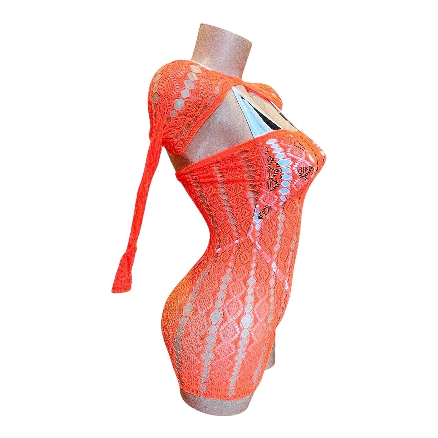 Orange Lace Sheer Mesh Fishnet Mini Tube Dress with Long Sleeve Shrug - EXOTIC DANCEWEAR - GrlFriday Shop