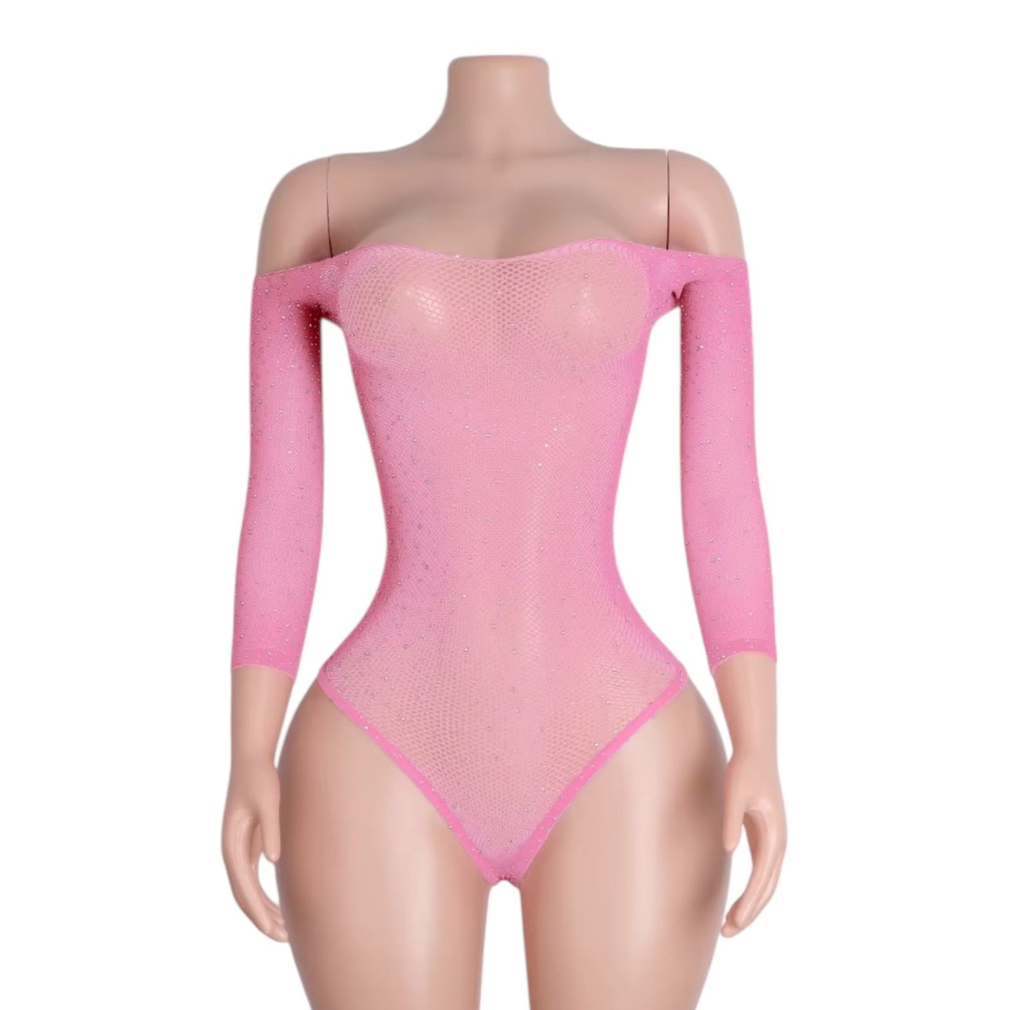Pastel Pink Rhinestoned Fishnet Bodysuit - GrlFriday Shop