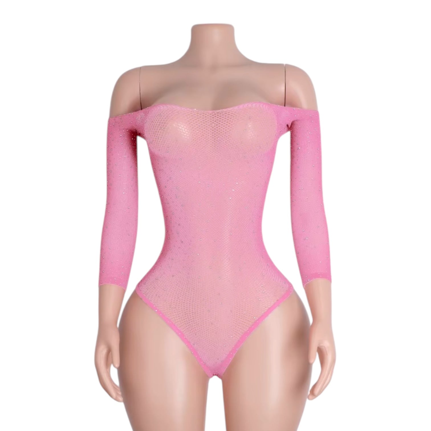 Pastel Pink Rhinestoned Fishnet Bodysuit - GrlFriday Shop