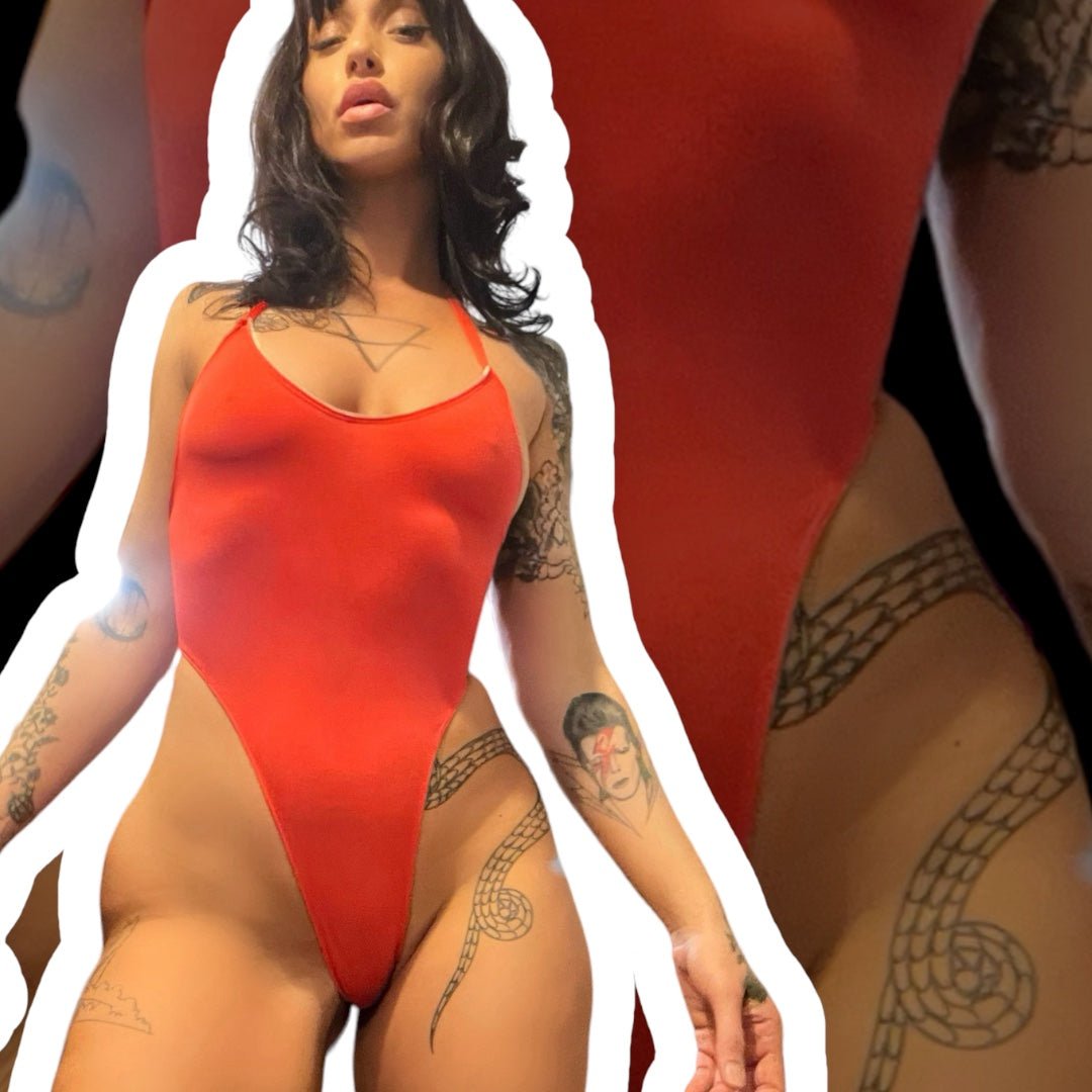 Poppy Red Retro High Thigh Halter Tie Monokini with White Lace Trim - GrlFriday Shop