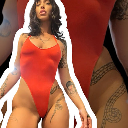 Poppy Red Retro High Thigh Halter Tie Monokini with White Lace Trim - GrlFriday Shop