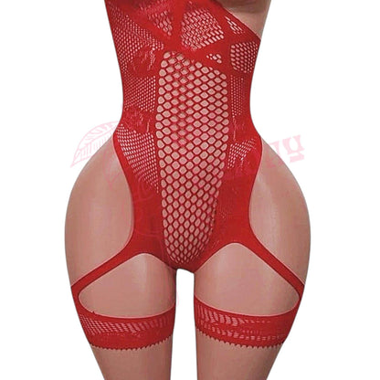 Red Mesh Lace Asymmetrical Garter Belt Romper - GrlFriday Shop