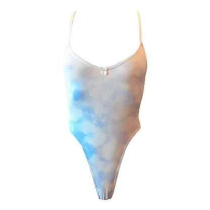 Retro High Thigh Thong Bodysuit - Blue + White Clouds - GrlFriday Shop