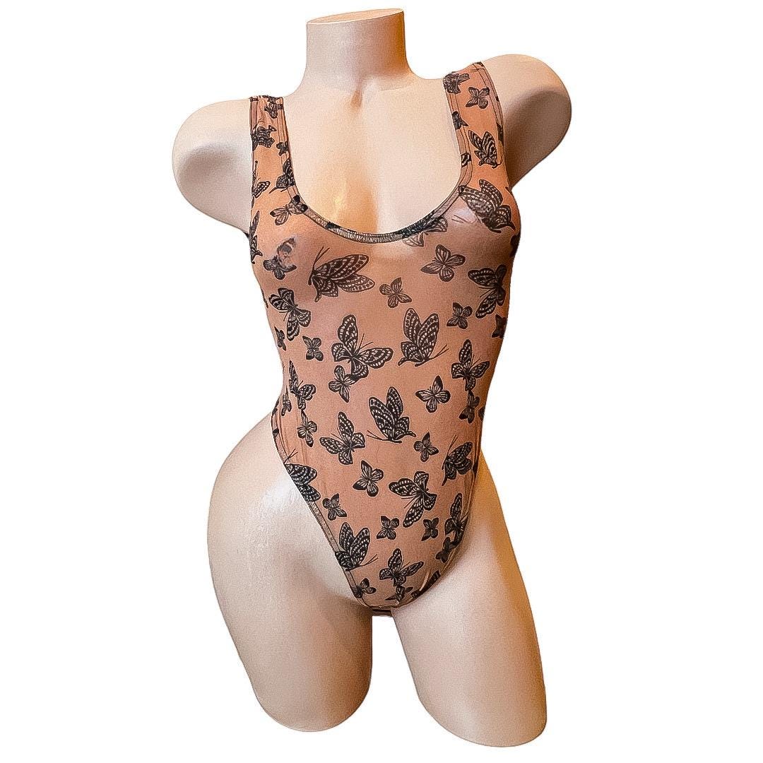 Retro High Thigh Thong Bodysuit - Mesh Black + Rust Butterflies - GrlFriday Shop