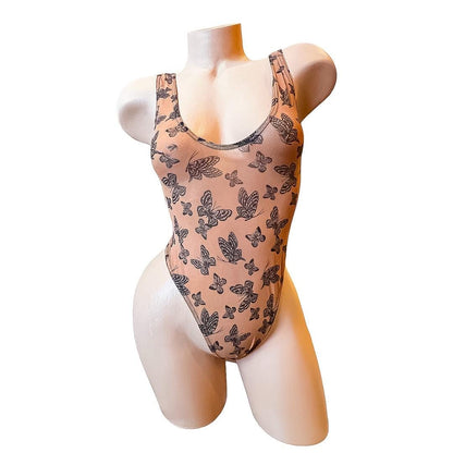 Retro High Thigh Thong Bodysuit - Mesh Black + Rust Butterflies - GrlFriday Shop