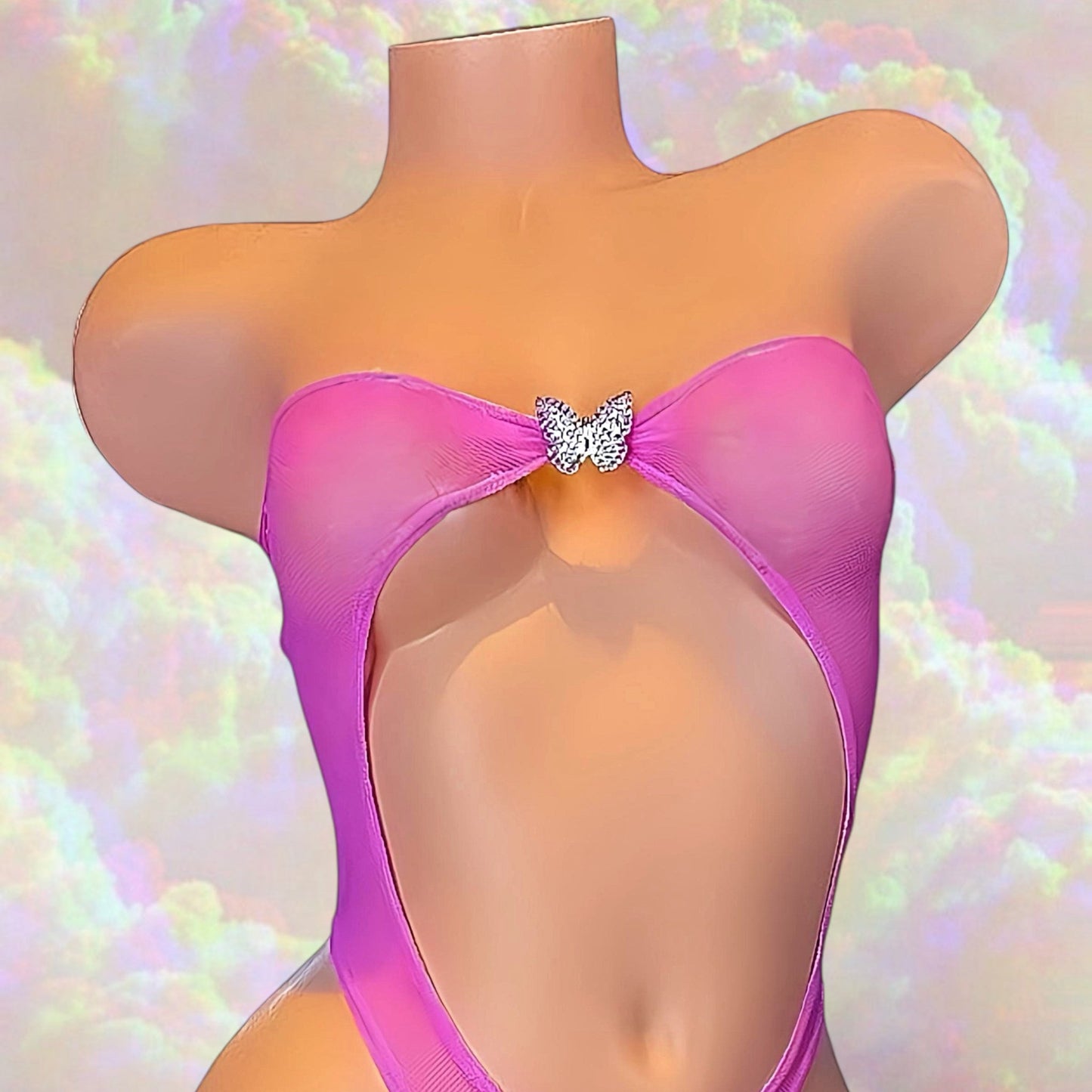 Rhinestone Butterfly Strapless Cutout Stripper Bodysuit | Pink Mesh | Thong One Piece | Exotic Dancewear - GrlFriday Shop