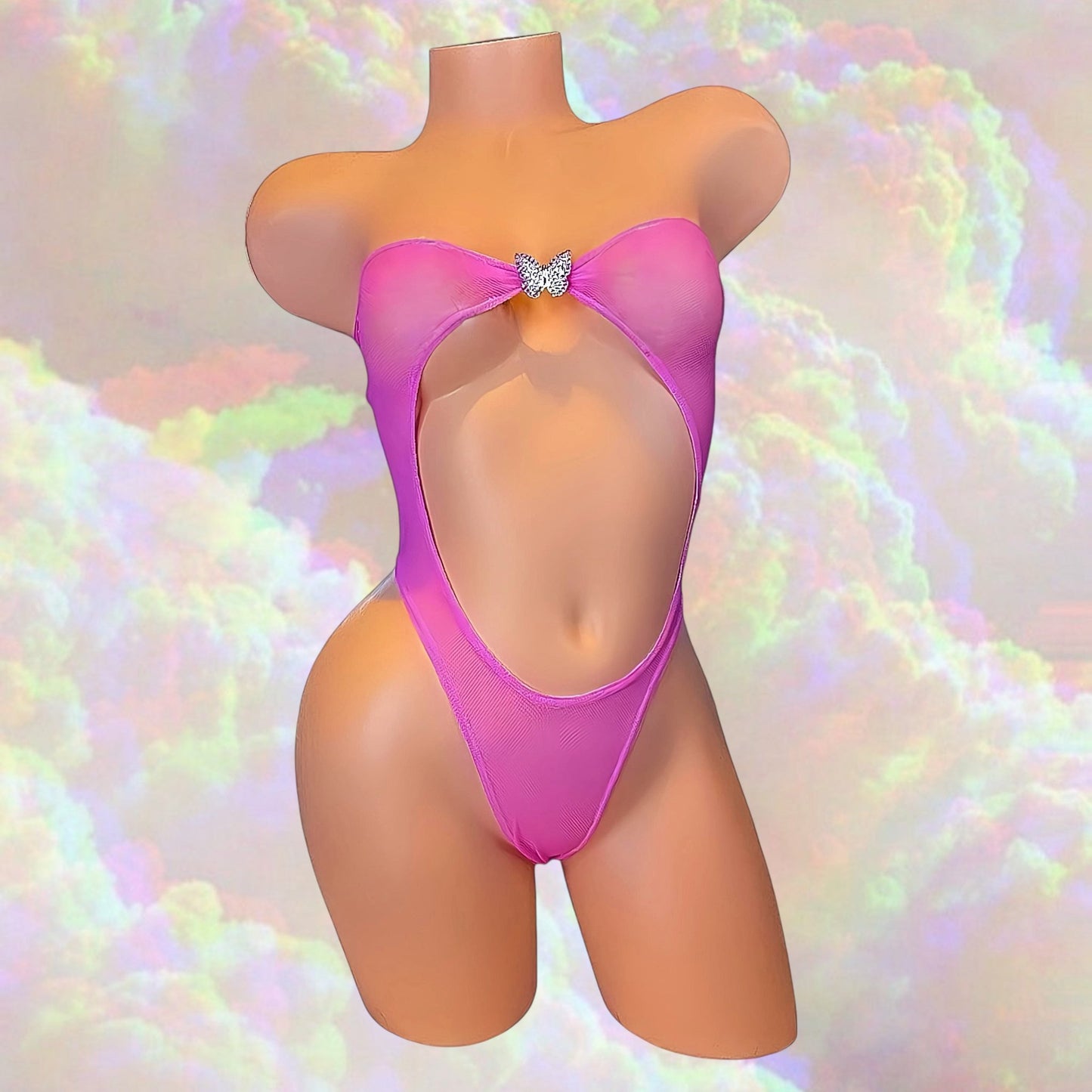 Rhinestone Butterfly Strapless Cutout Stripper Bodysuit | Pink Mesh | Thong One Piece | Exotic Dancewear - GrlFriday Shop