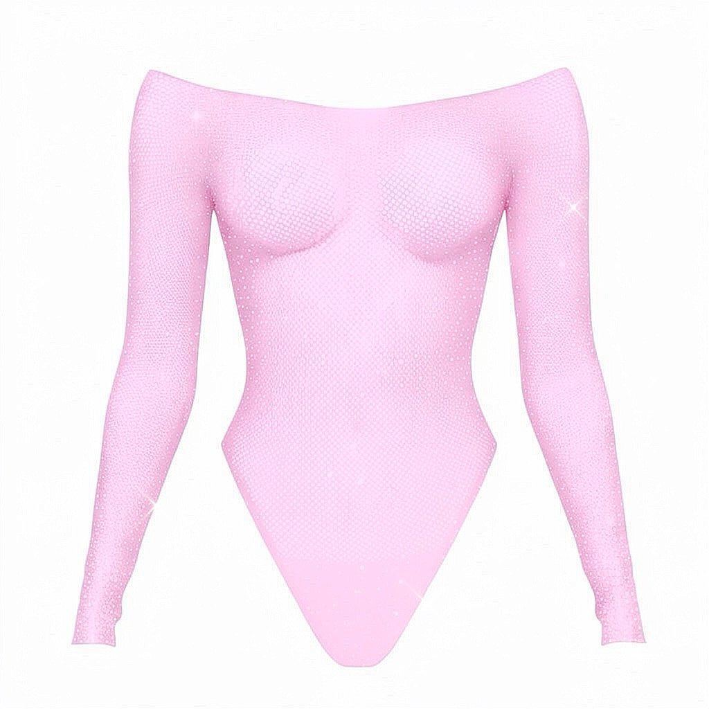 Rhinestoned Fishnet Bodysuit - Pastel Pink - GrlFriday Shop