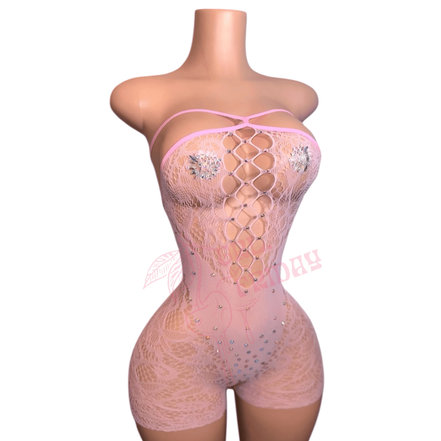 Rhinestoned Fishnet Halter Shorts Romper - Baby Pink - GrlFriday Shop