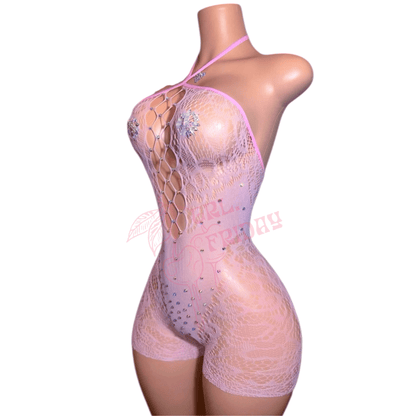 Rhinestoned Fishnet Halter Shorts Romper - Baby Pink - GrlFriday Shop