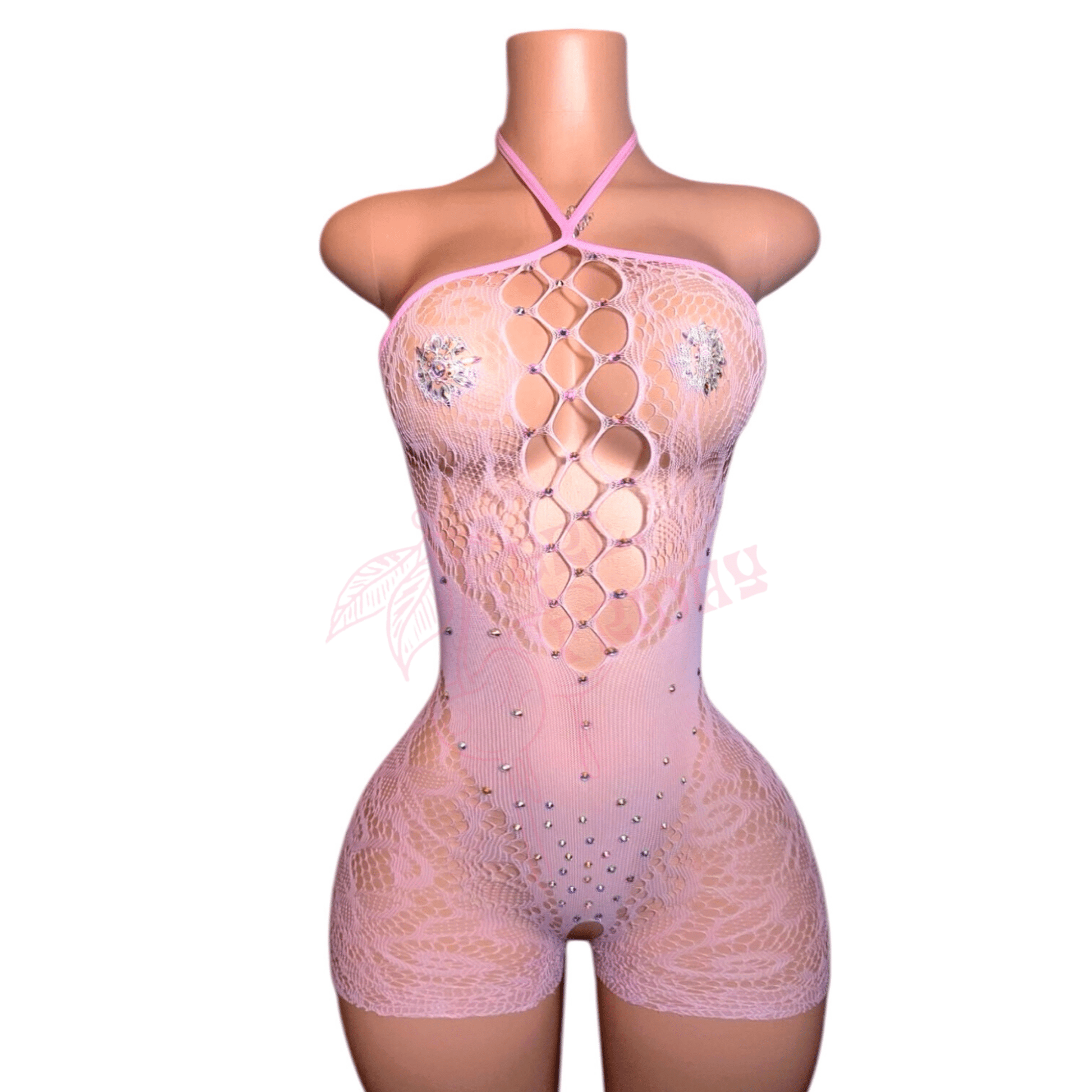 Rhinestoned Fishnet Halter Shorts Romper - Baby Pink - GrlFriday Shop
