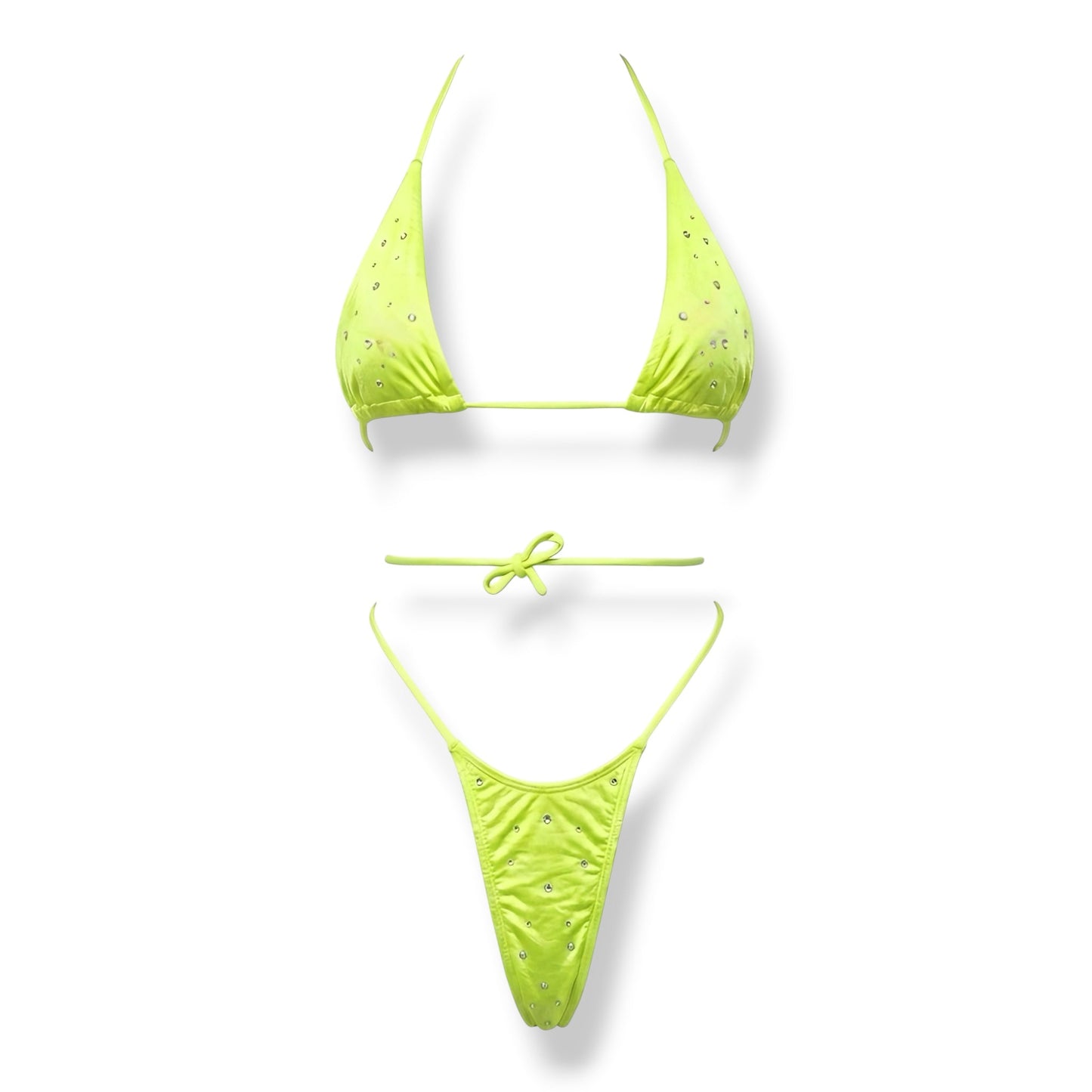 Rhinestoned Neon Yellow G String Thong Mini Tri - Kini Set - GrlFriday Shop