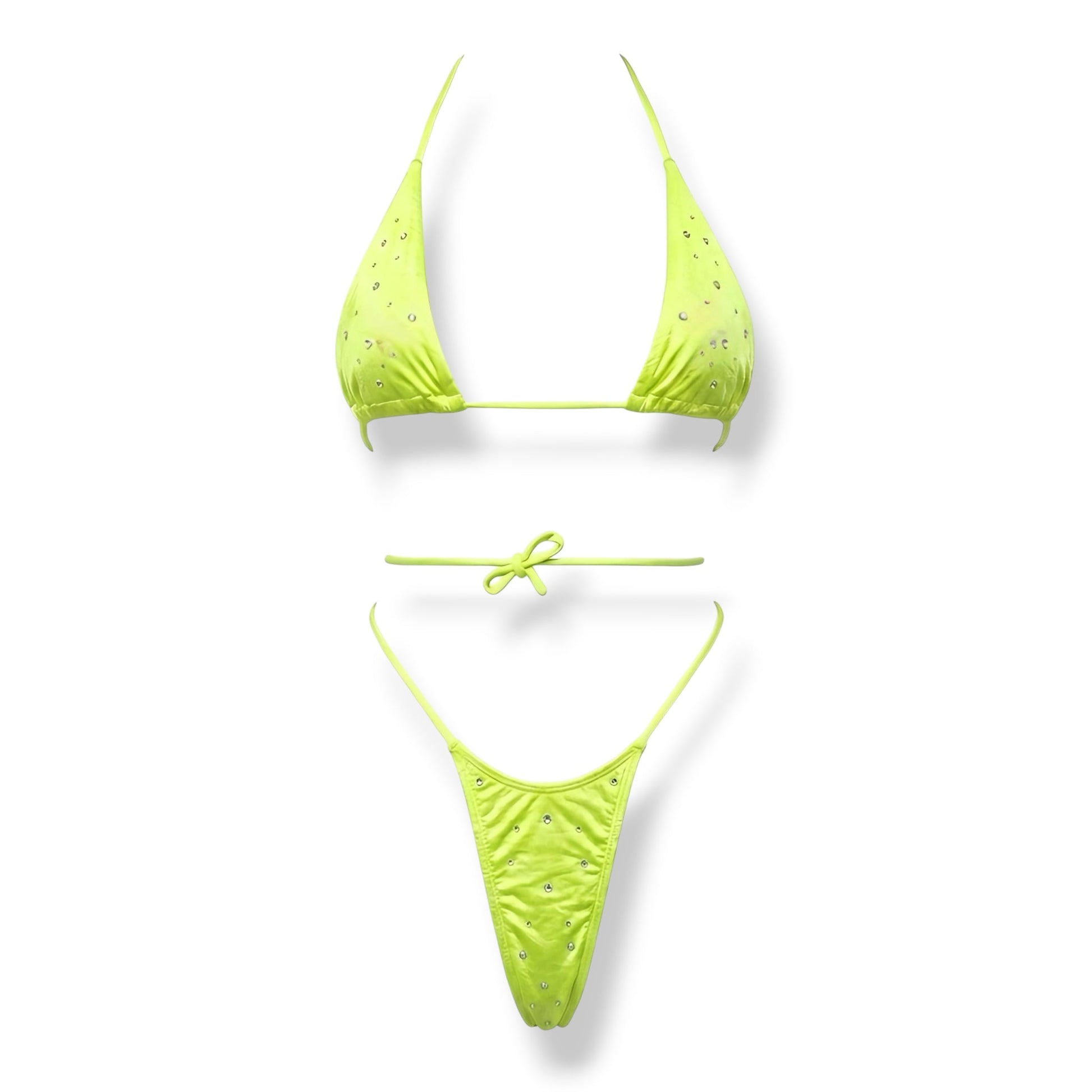 Rhinestoned Neon Yellow G String Thong Mini Tri - Kini Set - GrlFriday Shop