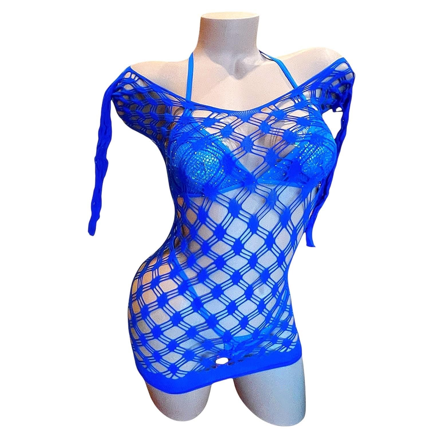 Royal Blue Long Sleeve Large Diamond Fishnet Mini Dress Bodycon - EXOTIC DANCEWEAR - GrlFriday Shop