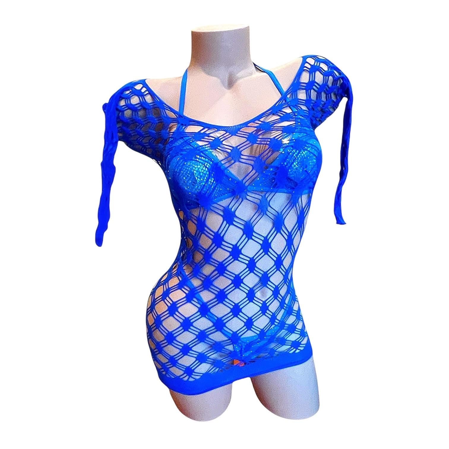 Royal Blue Long Sleeve Large Diamond Fishnet Mini Dress Bodycon - EXOTIC DANCEWEAR - GrlFriday Shop