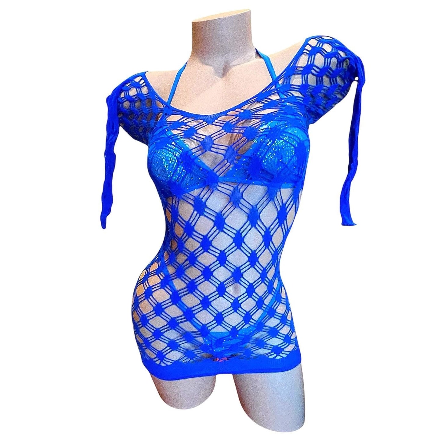 Royal Blue Long Sleeve Large Diamond Fishnet Mini Dress Bodycon - EXOTIC DANCEWEAR - GrlFriday Shop