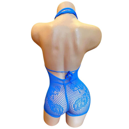 Royal Blue Mesh Rhinestoned Halter Shorts Bodystocking with Matching Bikini - EXOTIC DANCEWEAR - GrlFriday Shop
