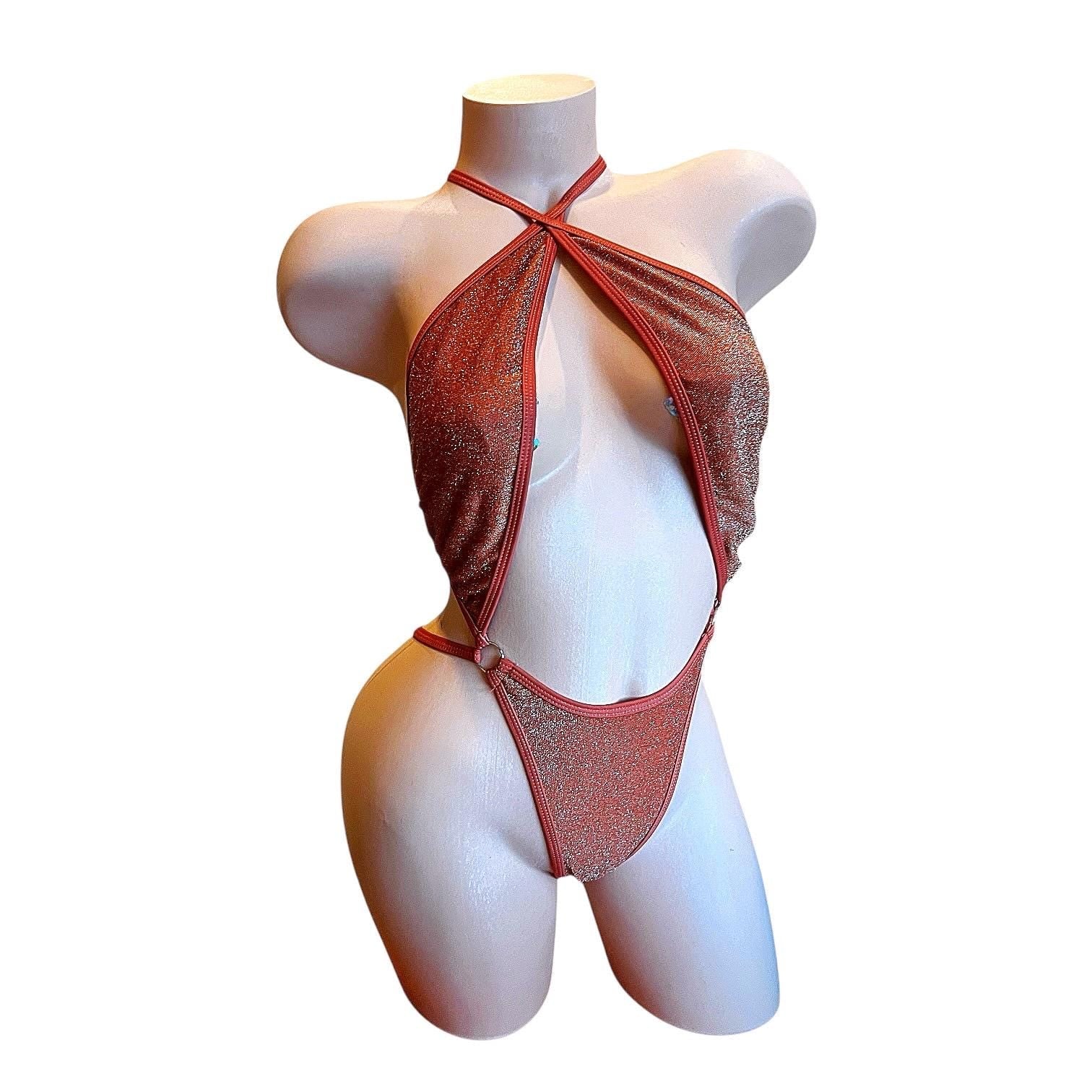 Rust Orange Metallic Glitter Slingshot Bikini - EXOTIC DANCEWEAR - GrlFriday Shop