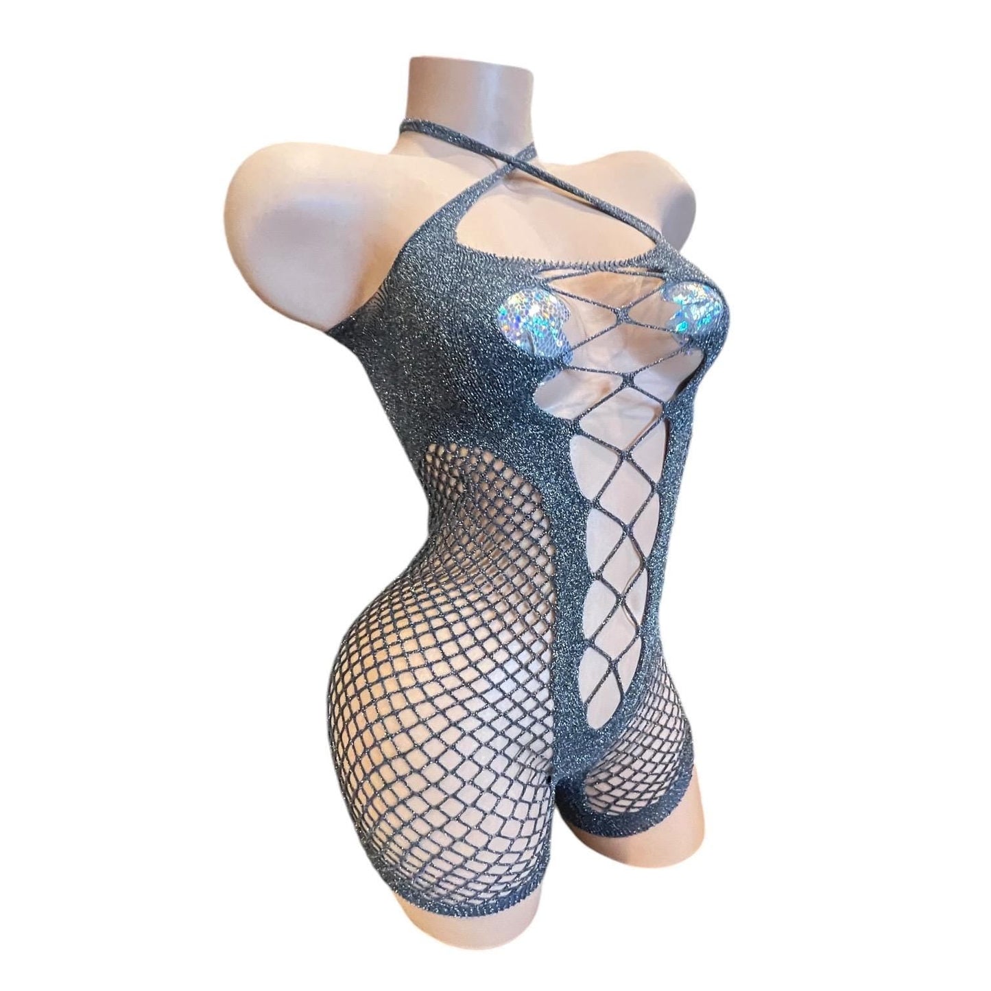 Silver Metallic Mesh Shorts Bodystocking Romper - GrlFriday Shop