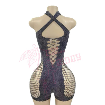 Silver Metallic Mesh Shorts Bodystocking Romper - GrlFriday Shop