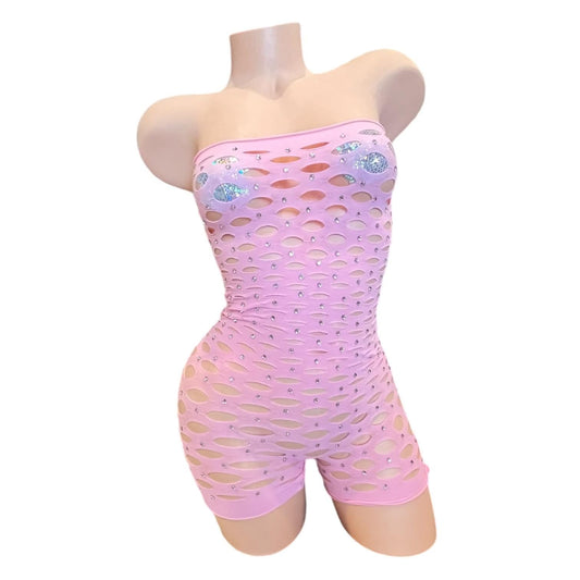 Strapless Shorts Romper - Pastel Pink - Rhinestoned - GrlFriday Shop