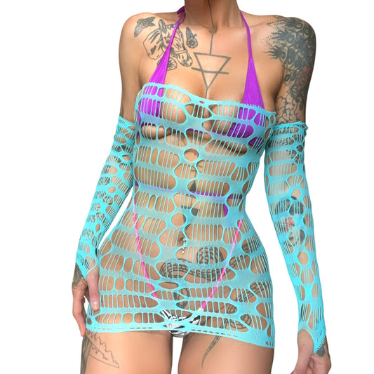 Teal Blue Strapless Fishnet Cutout Dress with Matching Gloves - GrlFriday Shop