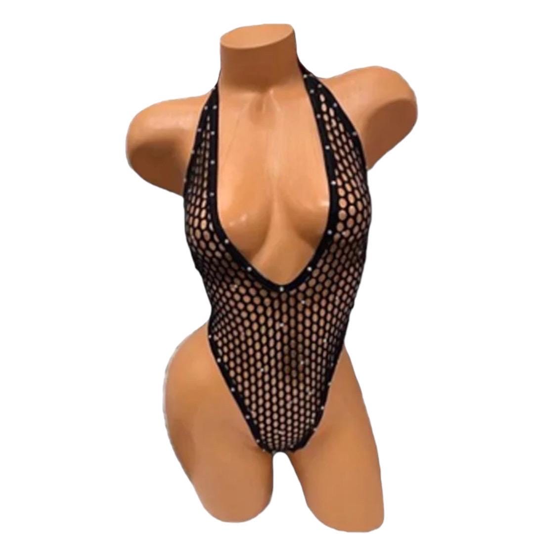 Vintage Deep Cut Thong Romper - Black Fishnet Mesh - GrlFriday Shop