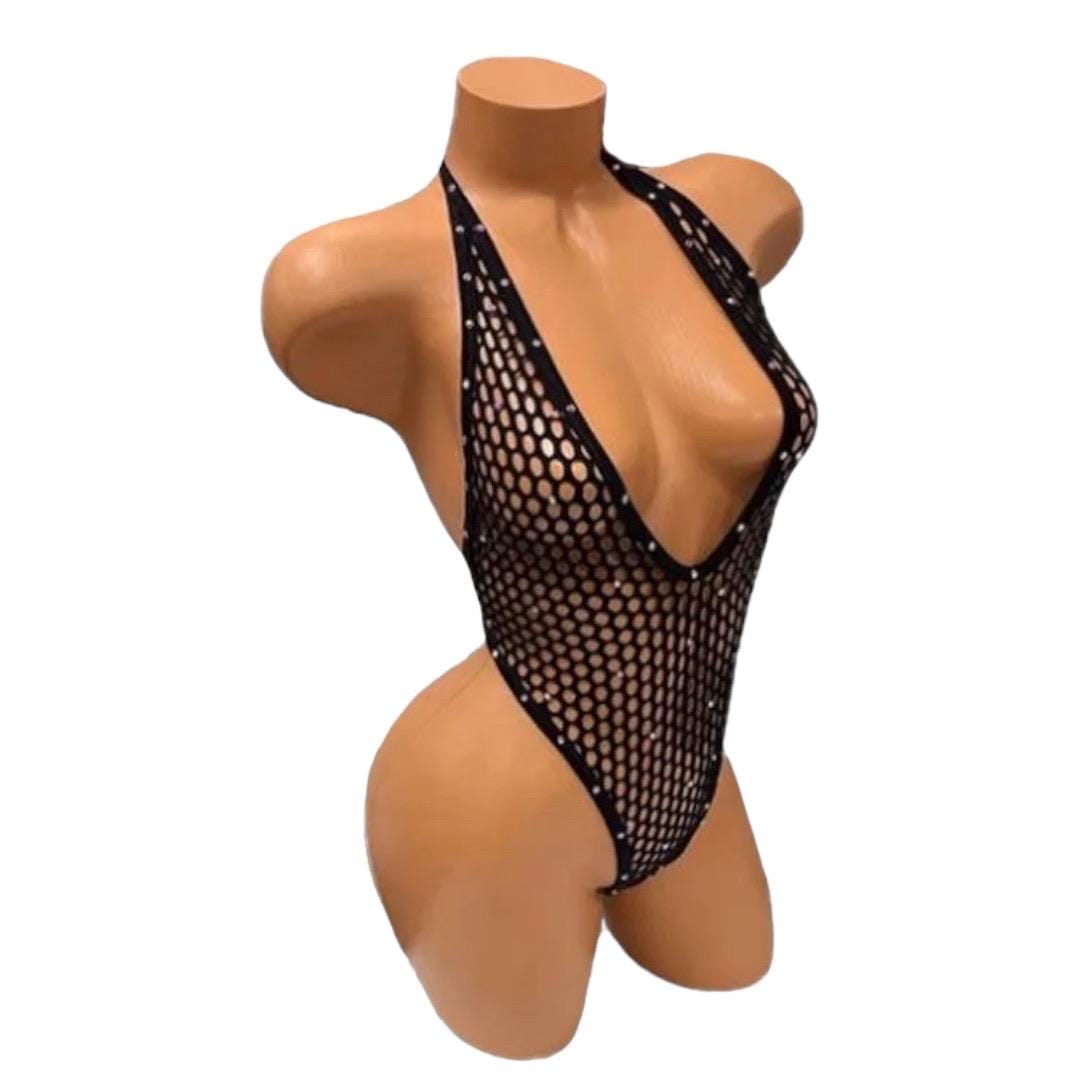 Vintage Deep Cut Thong Romper - Black Fishnet Mesh - GrlFriday Shop