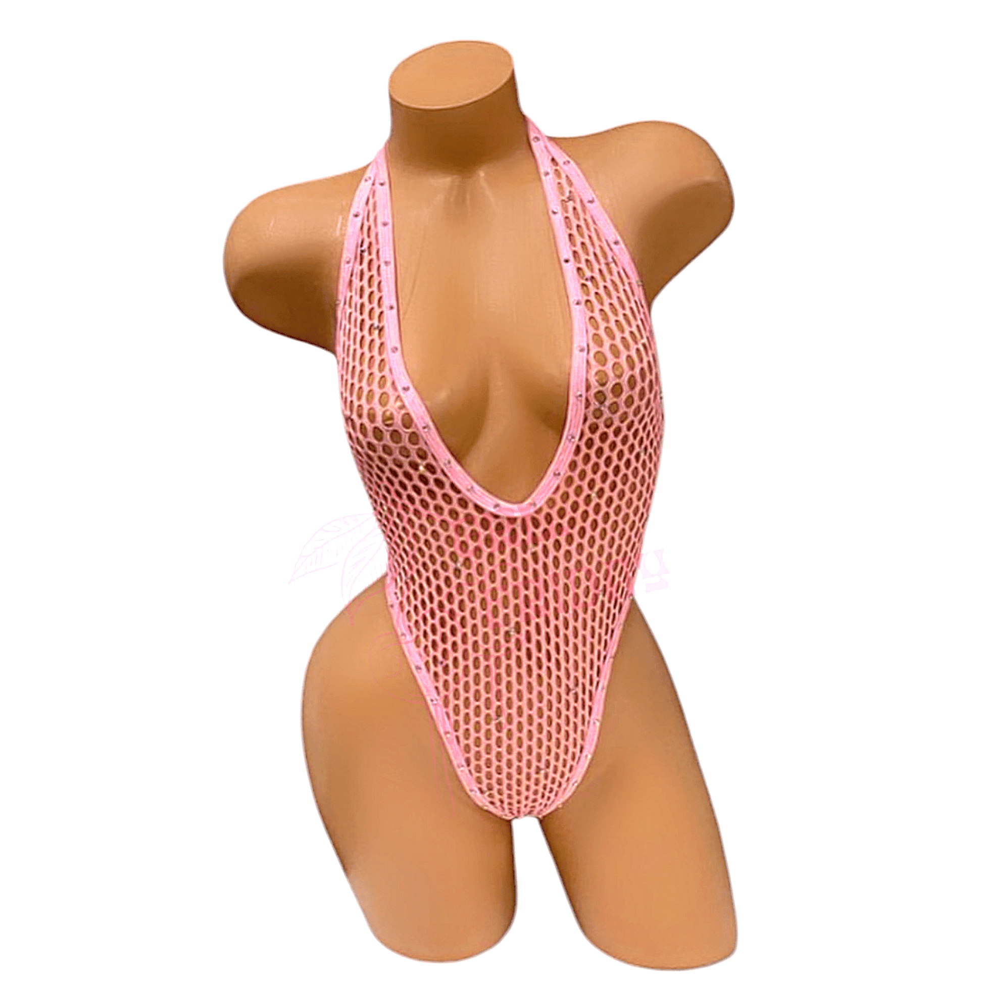 Vintage Deep Cut Thong Romper - Metallic Pink Fishnet Mesh - GrlFriday Shop
