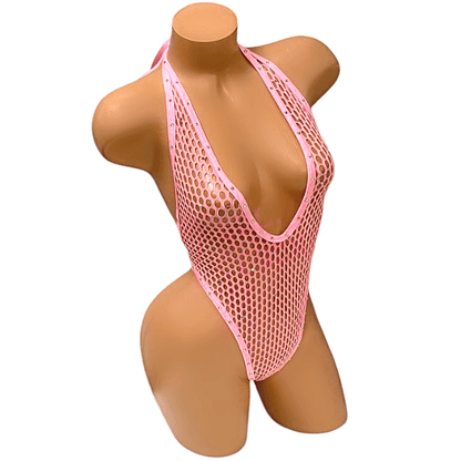 Vintage Deep Cut Thong Romper - Metallic Pink Fishnet Mesh - GrlFriday Shop