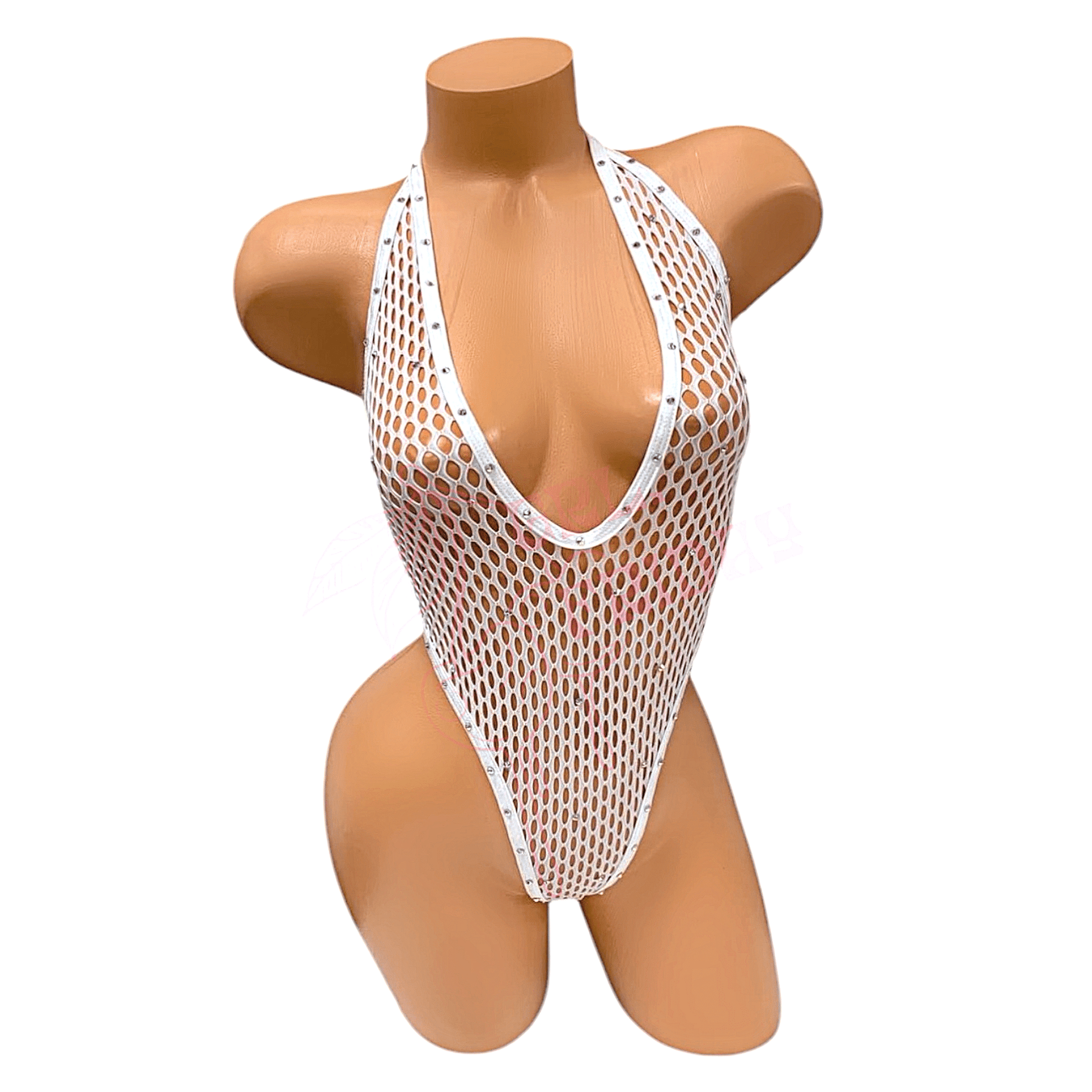 Vintage Deep Cut Thong Romper - White Fishnet Mesh - GrlFriday Shop