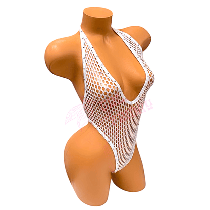 Vintage Deep Cut Thong Romper - White Fishnet Mesh - GrlFriday Shop