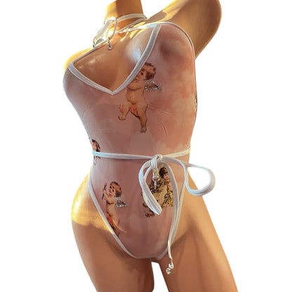 Vintage High Cut One Piece - Pink + White Cherub Angel Cupid Mesh - GrlFriday Shop