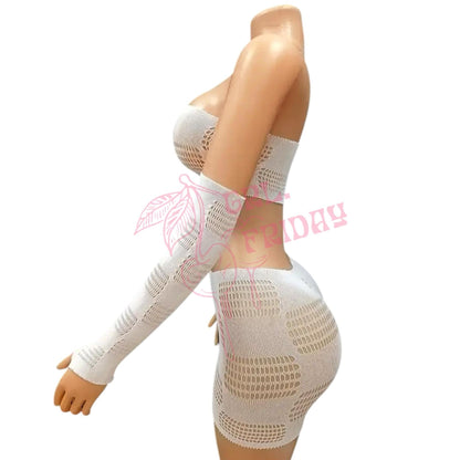 White Checker Board Fishnet Mesh Skirt Set with Matching Gloves - GrlFriday Shop